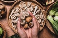 Fresh organic vegetables and edible mushroom from local farmer market Royalty Free Stock Photo