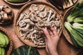 Fresh organic vegetables and edible mushroom from local farmer market Royalty Free Stock Photo