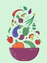 Fresh organic vegetables flying into a salad bowl. Vector eggplant, tomato, carrot, chanterelle, beet, asparagus, pepper, chilli,