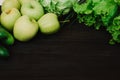 Fresh organic vegetables and fruits on back background. Place for text Royalty Free Stock Photo