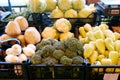 Fresh organic vegetables and fruits on sale at the local farmers summer market outdoors. Healthy organic food concept. Royalty Free Stock Photo