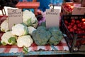 Fresh organic vegetables and fruits on sale at the local farmers summer market outdoors. Healthy organic food concept Royalty Free Stock Photo