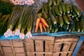 Fresh organic vegetables and fruits on sale at the local farmers summer market outdoors. Healthy organic food concept Royalty Free Stock Photo