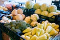 Fresh organic vegetables and fruits on sale at the local farmers summer market outdoors. Healthy organic food concept. Royalty Free Stock Photo