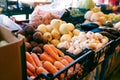 Fresh organic vegetables and fruits on sale at the local farmers summer market outdoors. Healthy organic food concept. Royalty Free Stock Photo