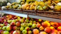 Fresh organic Vegetables and fruits on shelf in supermarket, farmers market Royalty Free Stock Photo