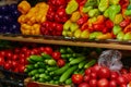 Fresh organic vegetables and fruits on the shelf in the supermarket, farmers market. Healthy food concept. Vitamins and Royalty Free Stock Photo