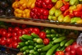 Fresh organic vegetables and fruits on the shelf in the supermarket, farmers market. Healthy food concept. Vitamins and Royalty Free Stock Photo