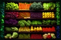 Fresh organic Vegetables and fruits on shelf in supermarket, farmers market. Healthy food market concept Royalty Free Stock Photo