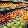 Fresh organic Vegetables and fruits on shelf in supermarket, farmers market. Generative ai Royalty Free Stock Photo