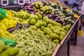 Fresh organic Vegetables and fruits on shelf in supermarket, farmers market. Healthy food. Vitamins and minerals Royalty Free Stock Photo