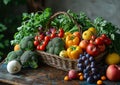 Fresh organic vegetables and fruits in the wicker basket and wooden table Royalty Free Stock Photo