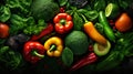 Fresh organic vegetables and greens background. Healthy Mediterranean diet. Holistic nutrition concept. Generative AI Royalty Free Stock Photo