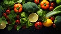 Fresh organic vegetables and greens background. Healthy Mediterranean diet. Holistic nutrition concept. Generative AI Royalty Free Stock Photo