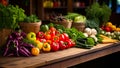 fresh organic vegetables and herbs on a wooden kitchen table Royalty Free Stock Photo