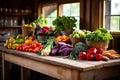 fresh organic vegetables and herbs on a wooden kitchen table Royalty Free Stock Photo