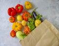 Fresh organic vegetables package dinner  vegetarian seasoning  in a paper bag on a concrete background Royalty Free Stock Photo
