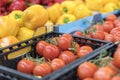 Fresh organic Vegetables and fruits on shelf in supermarket, farmers market. Healthy food concept. Vitamins and minerals. Tomatoes Royalty Free Stock Photo