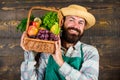 Fresh organic vegetables in wicker basket. Farmer straw hat deliver fresh vegetables. Farmer with homegrown vegetables Royalty Free Stock Photo