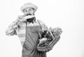 Fresh organic vegetables wicker basket. Hipster gardener wear apron carry vegetables. Man bearded presenting vegetables Royalty Free Stock Photo