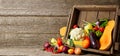 Fresh organic vegetables in wood crates on wooden floor with copy space. concept vegetables fresh from the farm.