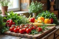 Fresh organic vegetables on wooden kitchen counter with natural light Royalty Free Stock Photo