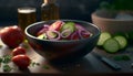 Fresh organic vegetarian salad with tomato, cucumber, onion, and parsley generated by AI Royalty Free Stock Photo