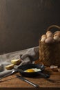 Fresh organic village eggs on wooden table, healthy food,  village food. black pan with fried egg. fresh onion Royalty Free Stock Photo