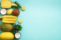 Fresh organic yellow fruits over blue background. Monochrome concept with banana, coconut, pineapple, lemon, melon. Top Royalty Free Stock Photo