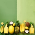 Fresh organic yellow fruits over green background. Monochrome concept with banana, coconut, pineapple, lemon, melon. Top Royalty Free Stock Photo