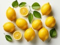 Fresh organic yellow lemon fruit with slice and green leaves isolated on white background. Royalty Free Stock Photo