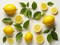 Fresh organic yellow lemon fruit with slice and green leaves isolated on white background Royalty Free Stock Photo