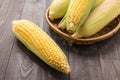 Fresh organic yellow sweet corn on wooden table Royalty Free Stock Photo