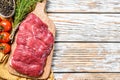 Fresh outside skirt steak on a chopping Board. White background. Top view. Copy space