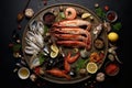 Fresh Overhead shot seafood meal. Generate Ai