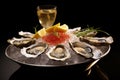 Fresh oyster dish placed on plate with ice and lemon