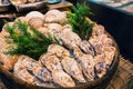 Fresh oyster on ice as street food at Nishiki market, Kyoto, Japan Royalty Free Stock Photo