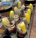 Fresh Oyster Shooters Cocktail Glasses Smooth Creamy Seafood Alcohol Tabasco Hot Sauce Spicy Food Lemon Halves Bar Food Drinks