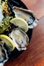 Fresh Oysters close-up on black plate, served table with oysters, lemon, ice and salad Royalty Free Stock Photo