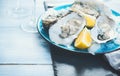 Fresh oysters close-up on blue plate, served table with oysters, lemon and champagne in restaurant Royalty Free Stock Photo