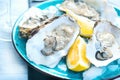 Fresh oysters close-up on blue plate, served table with oysters, lemon and champagne in restaurant Royalty Free Stock Photo