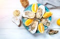 Fresh oysters close-up on blue plate, served table with oysters, lemon and champagne in restaurant. Gourmet food Royalty Free Stock Photo