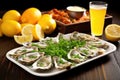 fresh oysters, grill, garlic sauce, lemon wedges, and parsley