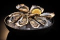 fresh oysters on ice on dark background