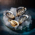 Fresh oysters on ice with drops of water, close-up