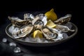 Fresh oysters ice lemon food. Generate Ai Royalty Free Stock Photo