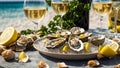 Fresh oysters ice lemon plate, delicatessen of healthy on a background luxury restaurant of the sea Royalty Free Stock Photo