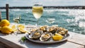 Fresh oysters ice lemon plate, delicatessen of summer on a background luxury restaurant of the sea Royalty Free Stock Photo