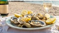 Fresh oysters ice lemon plate, glasses of champagne on a background of the sea Royalty Free Stock Photo