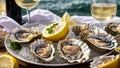 Fresh oysters ice lemon plate, delicatessen of catering on a background luxury restaurant of the sea Royalty Free Stock Photo